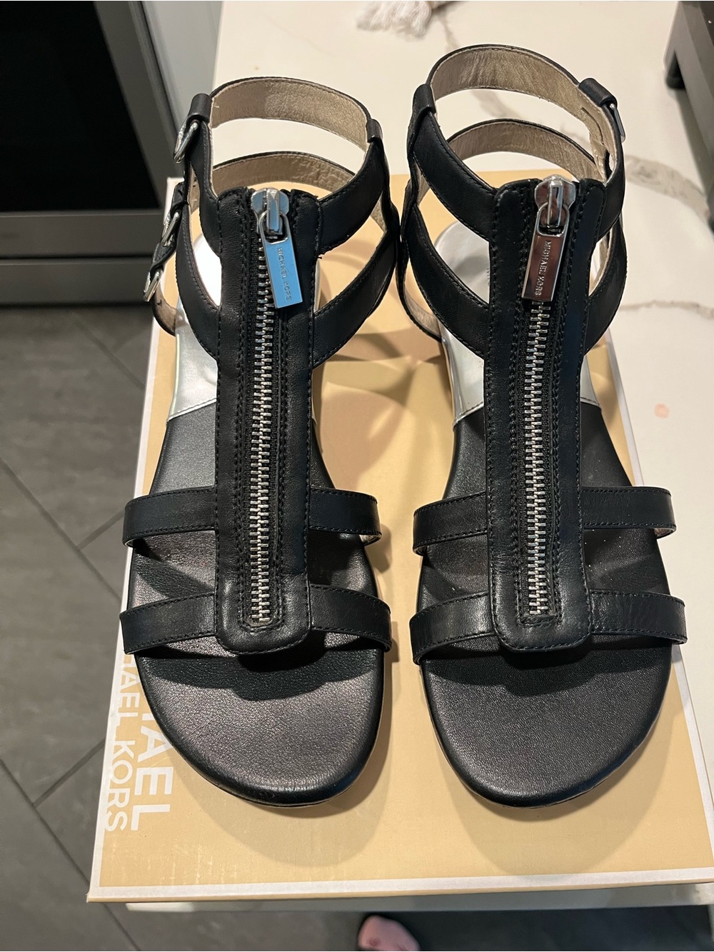 MICHAEL Michael Kors Black Leather Front-Zip Gladiator Sandals